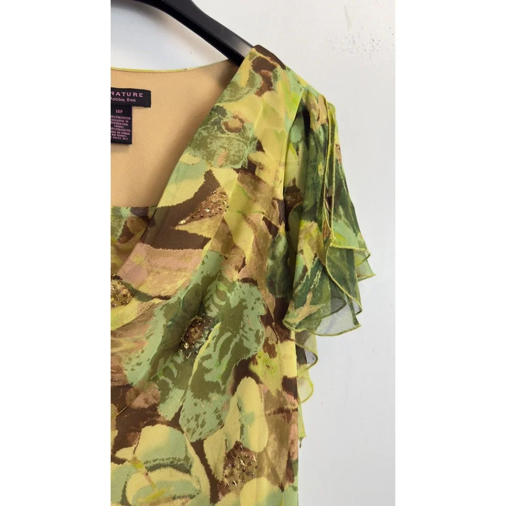 Signature By Robbie Bee Floral 2 Piece Set Green Chiffon Ruffle Skirt Top 14P